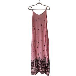 Grow Young Pink Maxi Beach Dress Celestial Print Lace Accents lightweight